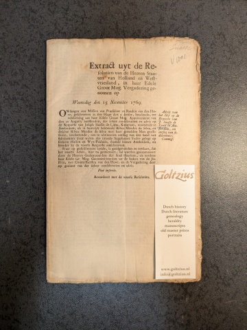 SUASSO DE LIMA, DA SILVA--- Extract uit de Resolutien Staten van Holland, d.d. 15-11-1769 betr. request Joseph Suasso de Lima, koopman te Amsterdam. Gedrukt, 9 pag.