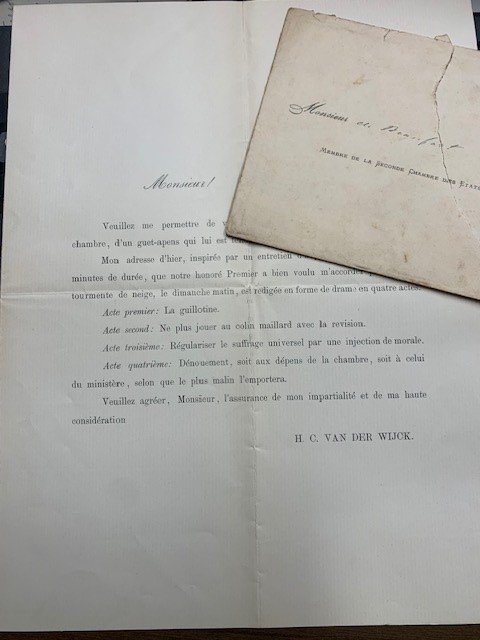 WIJCK, VAN DER--- Brief van H.C. van der Wijck, d.d. 's Gravenhage 1887, gericht aan leden der Tweede Kamer. 4°, 1 pag., gedrukt.