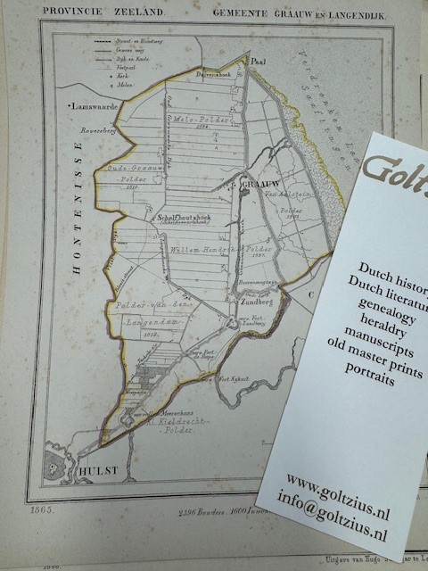 Kuyper, J. Graauw en Langendijk (prov. Zeeland). Origineel gelithografeerd kaartje uit de Gemeenteatlas, ca. 1868, met handgekleurde grenzen, 17x22 cm.
