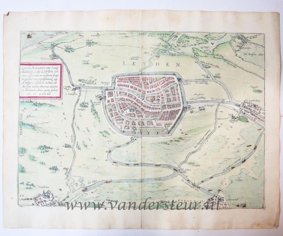Leyda, Batavorum Lugdunum, vulgo Leyden. Antique colored map of Leiden.