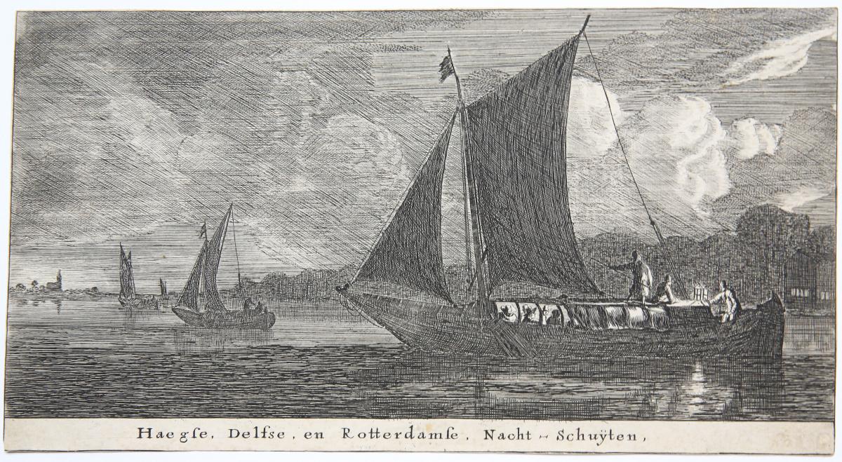 Haegse Delftse en Rooterdamse Nacht-Schuÿten [set title: Various ships and views of Amsterdam].