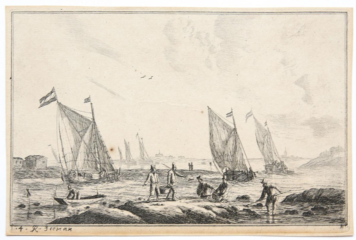 View of inland waterway with fishermen, in the distance Haarlem (?) [set title: Inland Waterways].