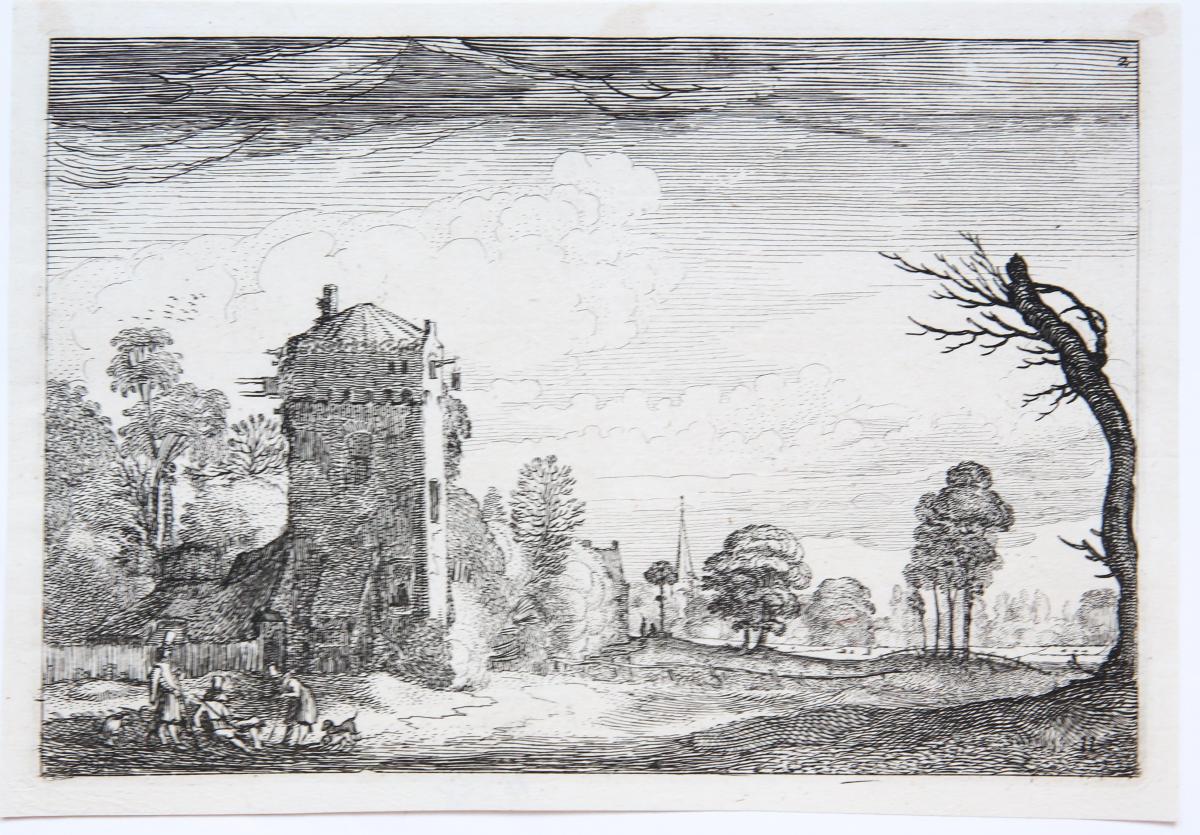 Farm built against a square tower [Set title: Amenissimae aliquot regiunculae...]/Boerderij met vierkante toren.