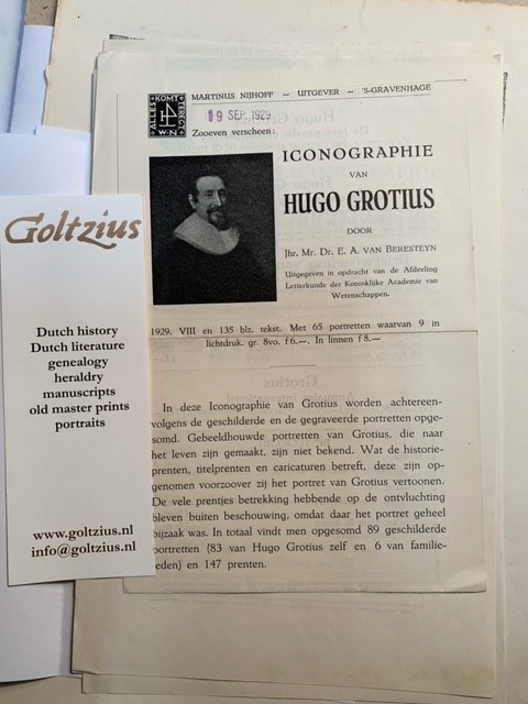 Advertissment leaflet of Van Beresteyns work Iconografie on the portraits of Hugo de Groot.