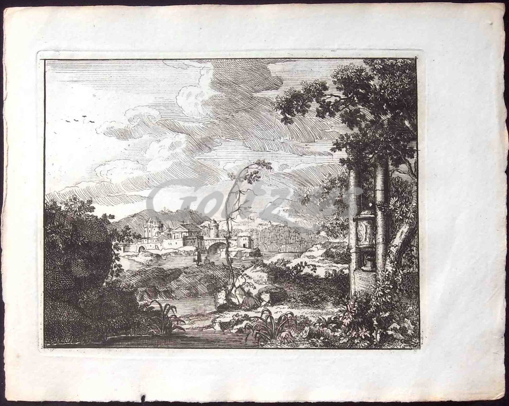 ANONYMOUS, Landscape with memorial and city