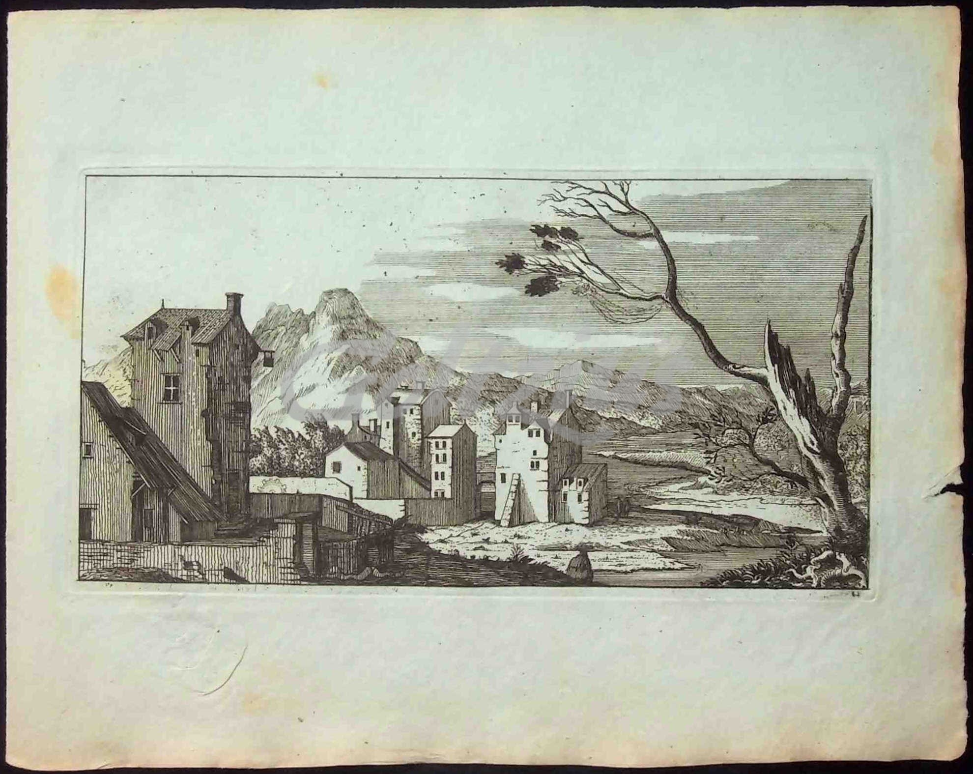 ANONYMOUS, Mountain landscape with three buildings