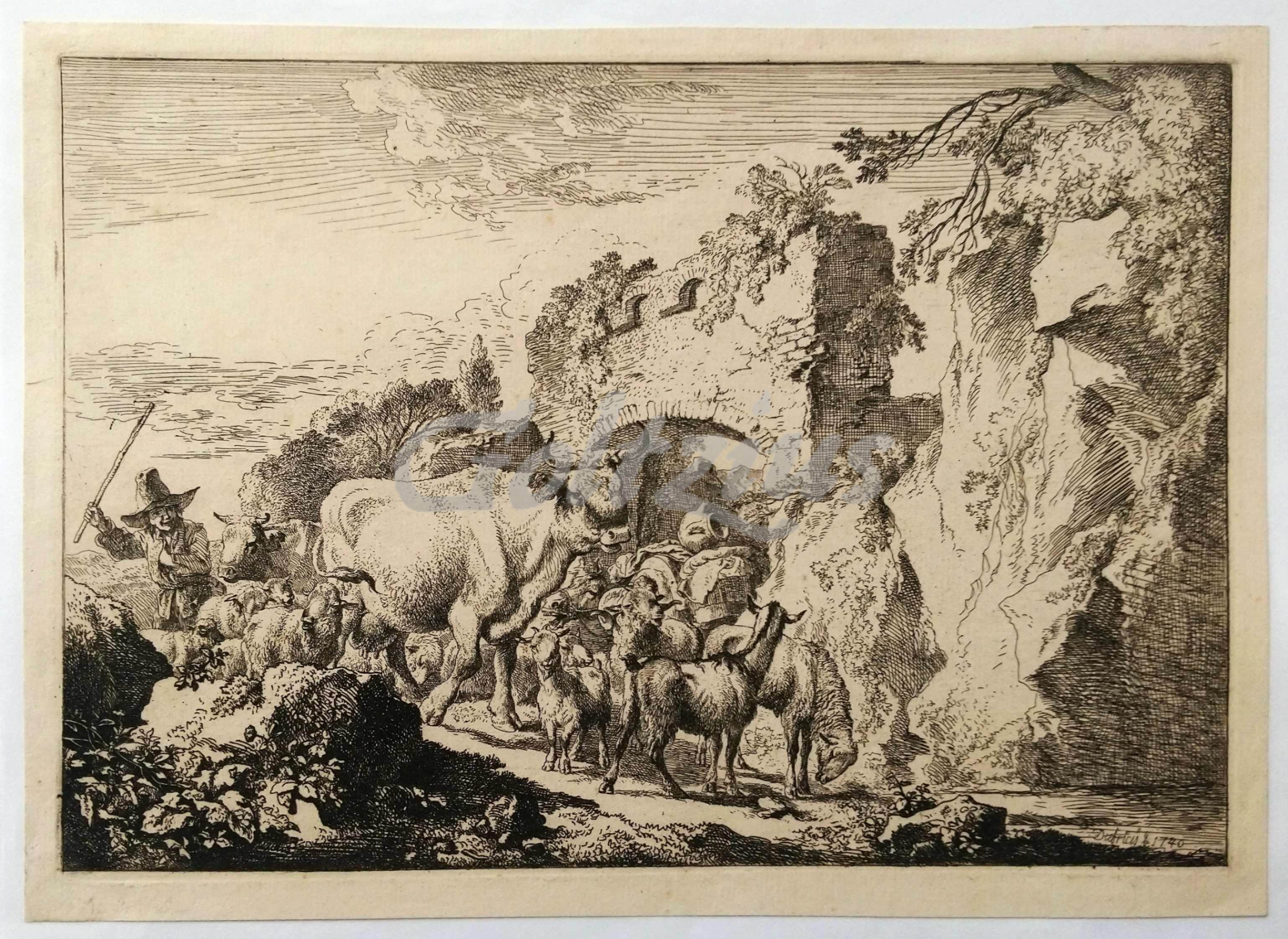 DIETRICH, CHRISTIAAN WILHELM ERNST, Boy shepherd with his flock near a ruin