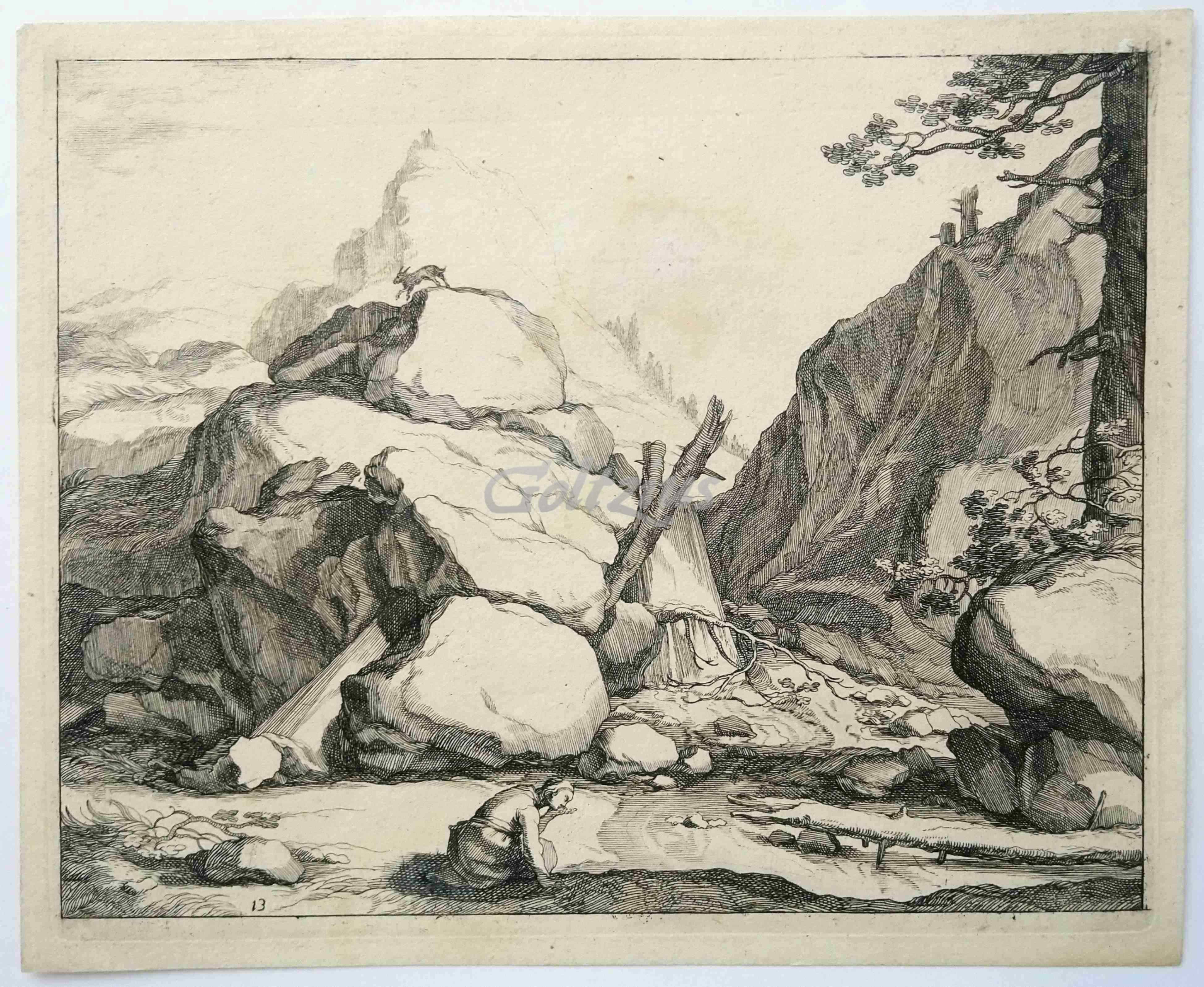 BLOEMAERT, FREDERIK, Rocky landscape with woman drinking from a stream