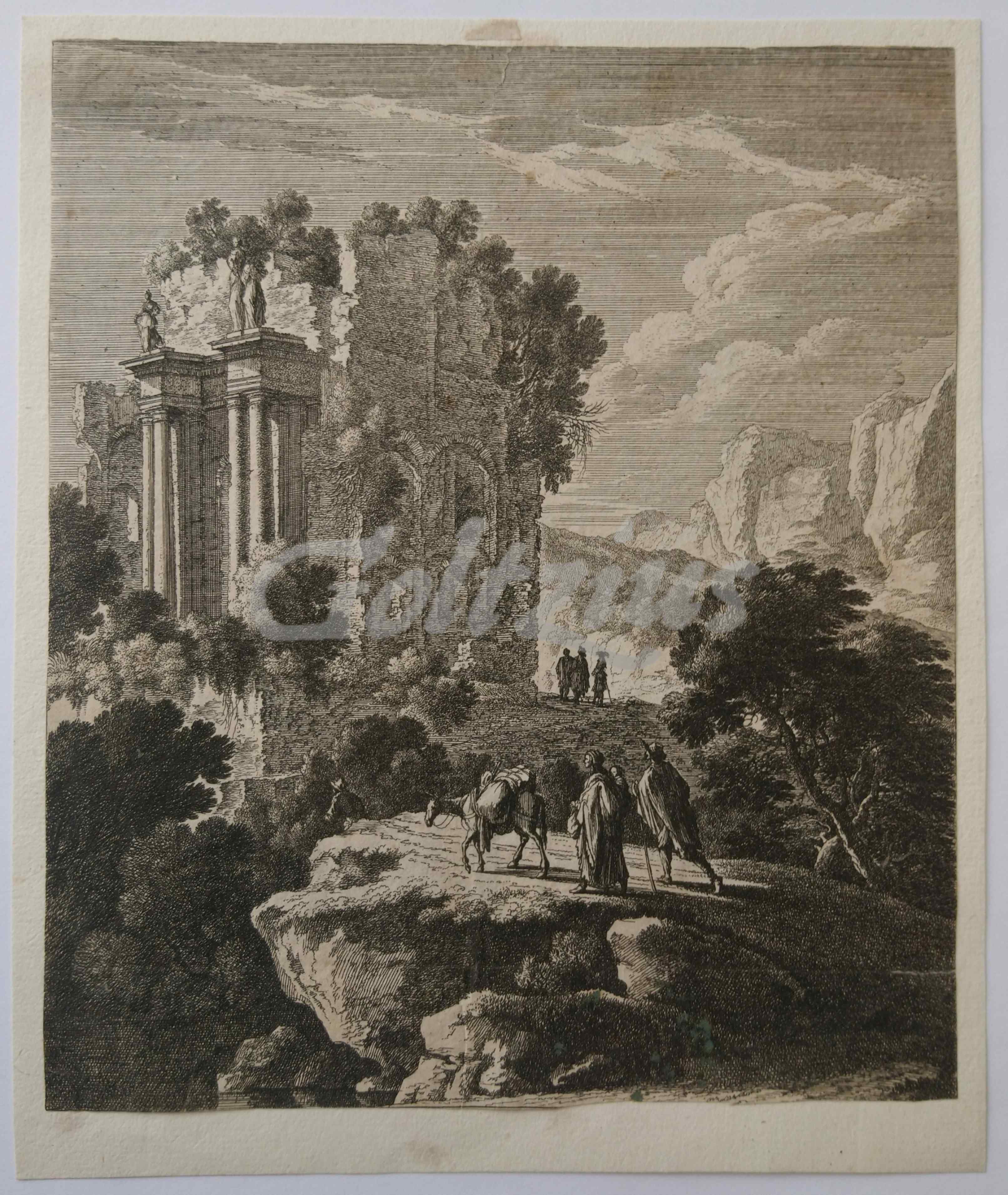 ANONYMOUS, Rocky landscape with ruin and travellers