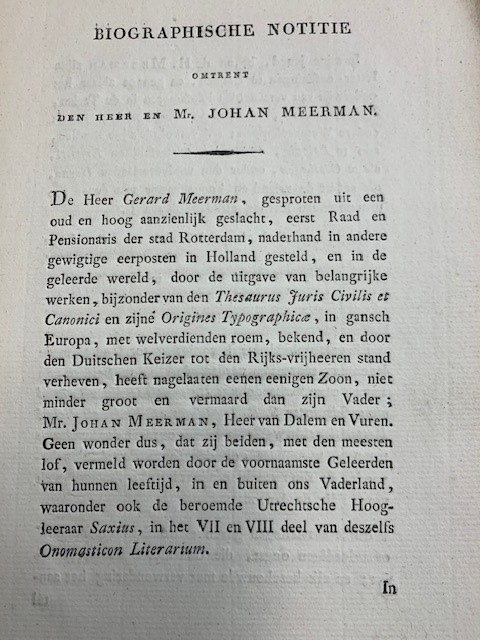 MOLLERUS, ANNA CORNELIA, Biographische notitie omtrent den heer en Mr. Johan Meerman.