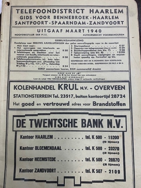  - Telefoondistrict Haarlem. Gids voor Bennebroek, Haarlem, Santpoort, Spaarndam en Zandvoort (januari 1939)
