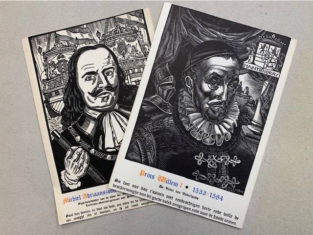 HELL, J. VAN, Two postcards woodcuts by Johan van Hell: Michiel Adriaenszoon de Ruyter and Prins Willem I.