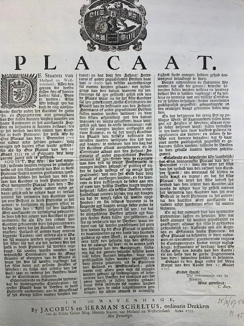 Placaat De Staten van Holland en West-vriesland d.d. 7 April 1751 concerning the the ban on transport of cattle in the province.