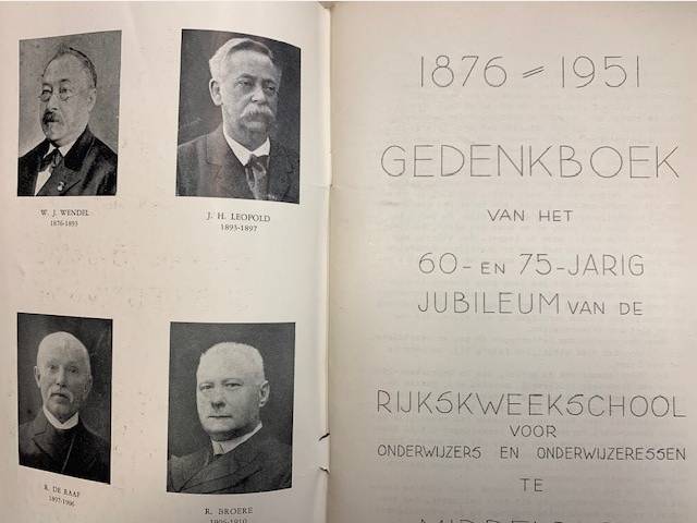 1876-1951 Gedenkboek van het 60- en 75-jarig jubileum van de Rijkskweekschool voor onderwijzers en onderwijzeressen te Middelburg.