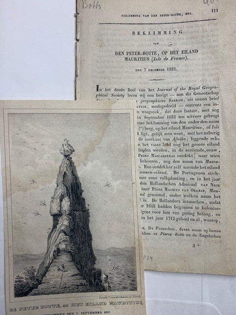 Beklimming van den Peter-Botte, op het eiland Mauritius (Isle de France) den 7 december 1832 with lithograph view of Peter Botte (Pieter Both) mountain.