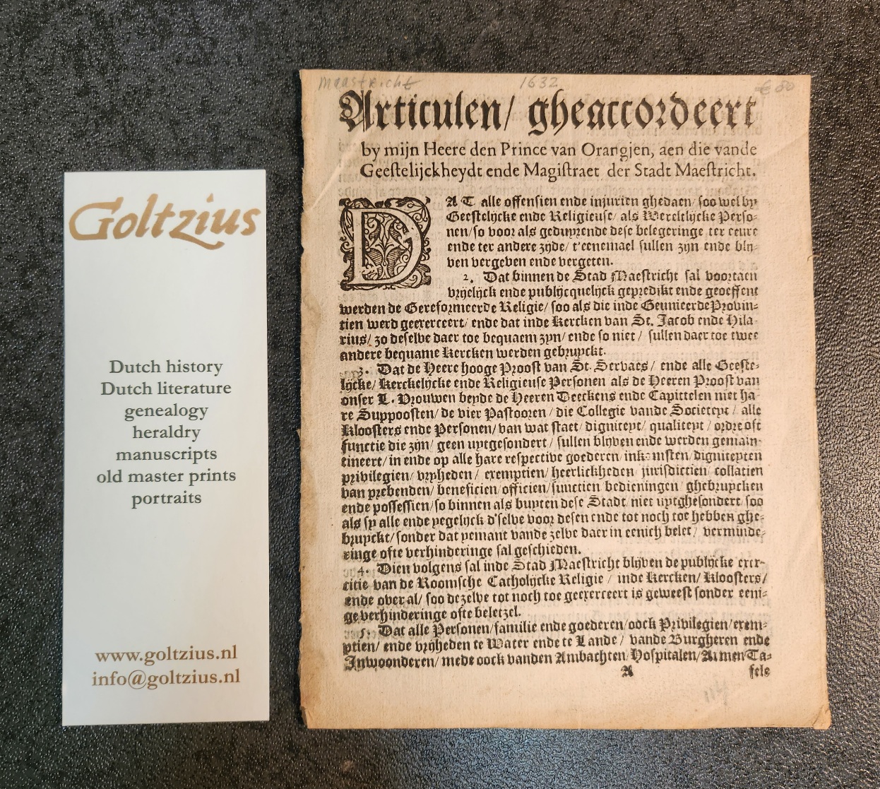 Articulen, gheaccordeert by mijn Heere den Prince van Orangjen, aen die vande Geestelijckheydt ende Magistraet der Stadt Maestricht.
