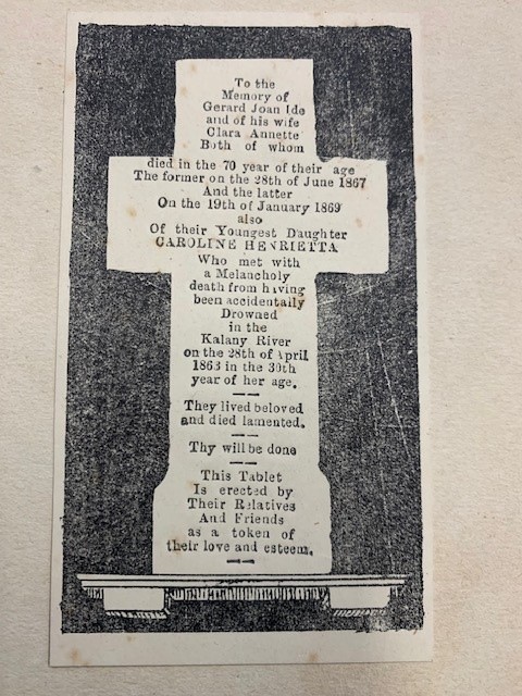  - Engraved print of the funeral monument of Gerard Joan Ide, Clara Annette Ide, Caroline Henrietta their daughter drowned in the Kalany river. (Dutch Church Wolvendaal Colombo Ceylon Sri Lanka)