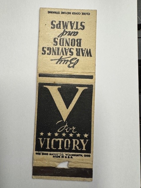 V for victory. Buy War saving bonds and stamps. Matchbook cover.