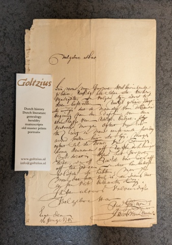 ZANEN, JACOB VAN, Handwritten letter on paper from Jacob van Zanen (Den Haag) to Voshol (Amsterdam), 1745