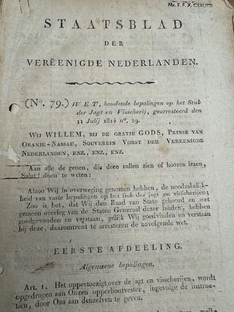 Staatsblad der Vereenigde Nederlanden No 79. Wet, houdende bepalingen op het Stuk der Jagt en Visscherij, gearresteerd den 11 Julij 1814, no. 29.