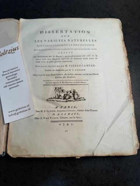 CAMPER,P., Dissertation sur les variétés naturelles, qui caractérisent la physionomie des hommes des divers climats et des différens ages (...)