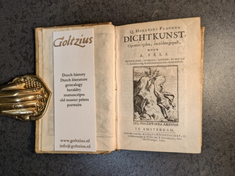 PELS, A., FLACCUS, Q. HORATIUS, Convolute containing 4 works on plays and poetry: 
1. Q. Horatius Flaccus dichtkunst op onze tijden en zeden gepast
2. Gebruik en misbruik des tooneels 
3. Bygedichten op Otto Vaenius Zinnebeelden uit Q. Horatius Flaccus 
4. D.J. Juvenalis satyra X, o