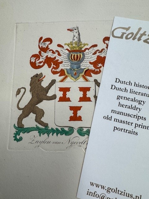 Engraved and hand coloured coat of arms/familiewapen of  Van Zuylen van Nyevelt of Nievelt (Nijevelt).