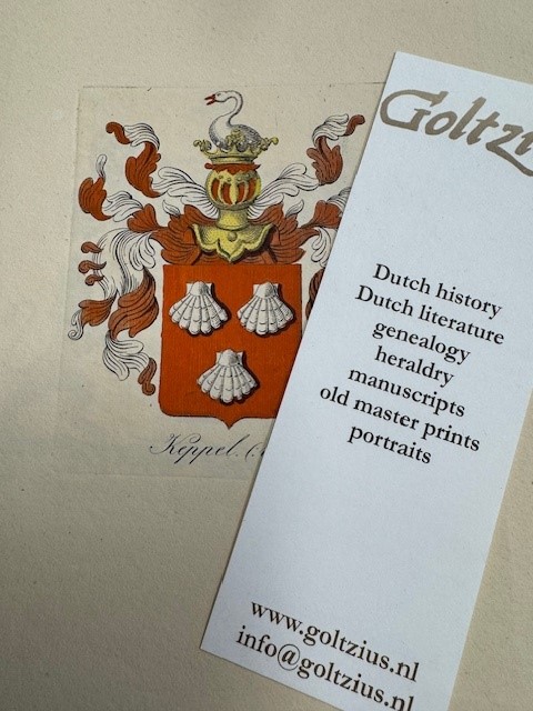 Engraved and hand coloured coat of arms/familiewapen of Van Keppel.