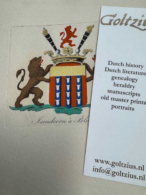 Engraved and hand coloured coat of arms/familiewapen of d'Isendoorn a Blois.