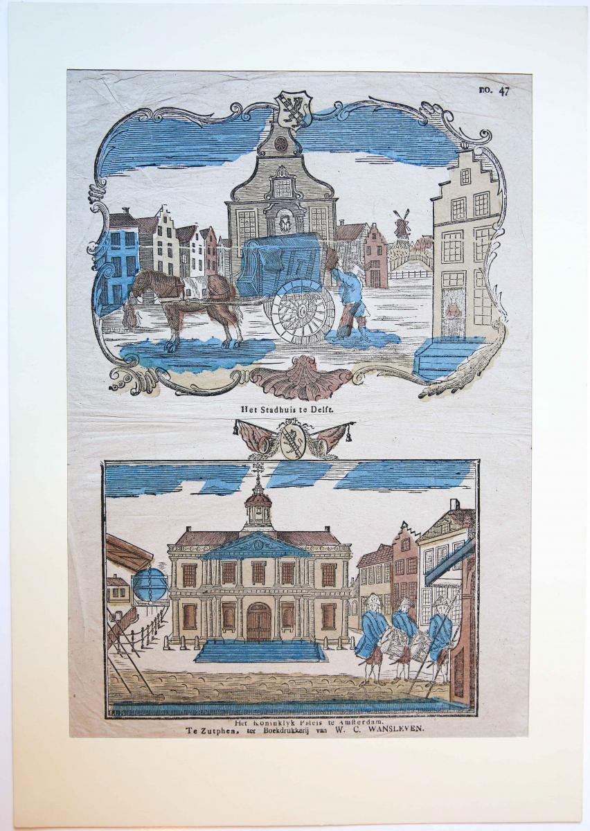 Centsprent: Het Stadhuis te Delft / Het Koninklijk Paleis te Amsterdam, No. 47.