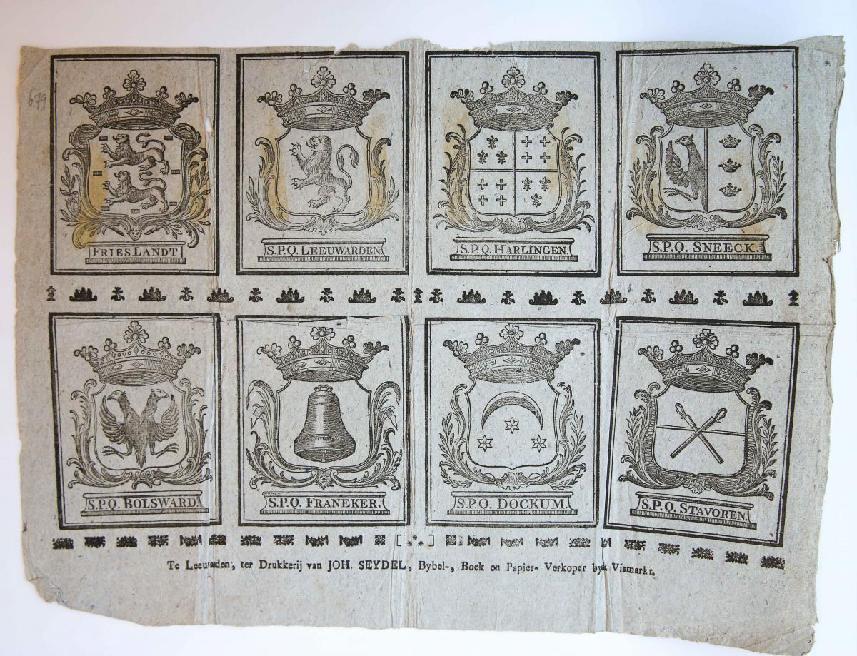 Centsprent: Coats of arms of Friesland and Frisian cities.